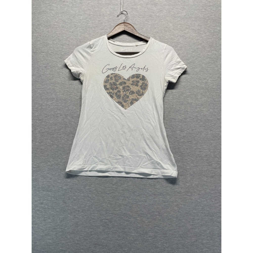 Guess Los Angeles Crew Neck T Shirt Womens Medium White Rhinestone Bling Heart